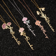 Personalized Birth Flower Name Necklace, Custom Vertical Name Necklace